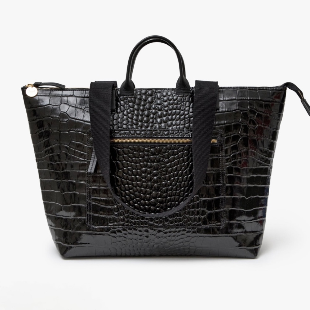 Clare V. Le Zip Sac Tote — Black Patent Croco